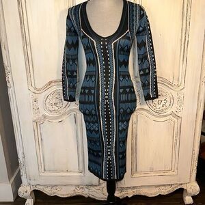 Jealous Tomato Geo Graphic Long Sleeve Deep V Neck Body con Knit Dress Size S